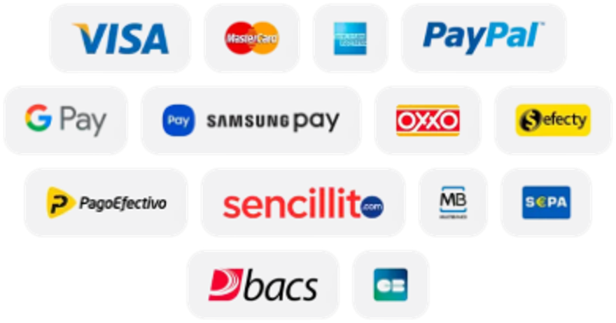 Medios de pago: Visa, Mastercard, American Express, PayPal, Google Pay, Samsung Pay, OXXO, Efecty, PagoEfectivo, Sencillito, Multibanco, SEPA, Bacs y Carte Bancaire